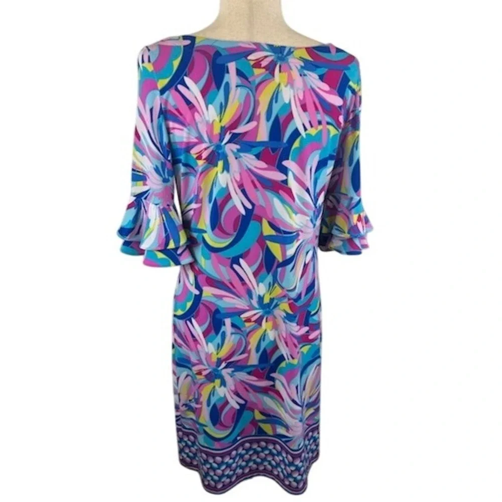 Pappagallo Floral Abstract Print 3/4 Sleeve Ruffle Cuff Sheath Dress Size Medium